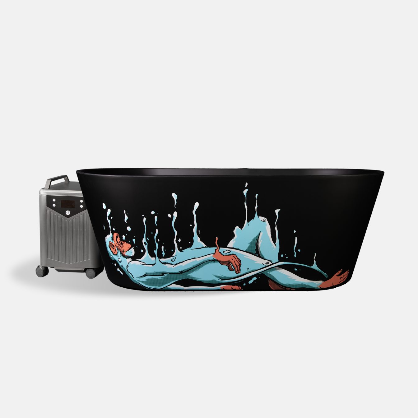 The Brainpod 2.0 Cold Plunge is a freestanding black tub with an artistic design of a blue-skinned, red-haired reclining woman and water splashes; a silver portable speaker sits to the left of the tub.