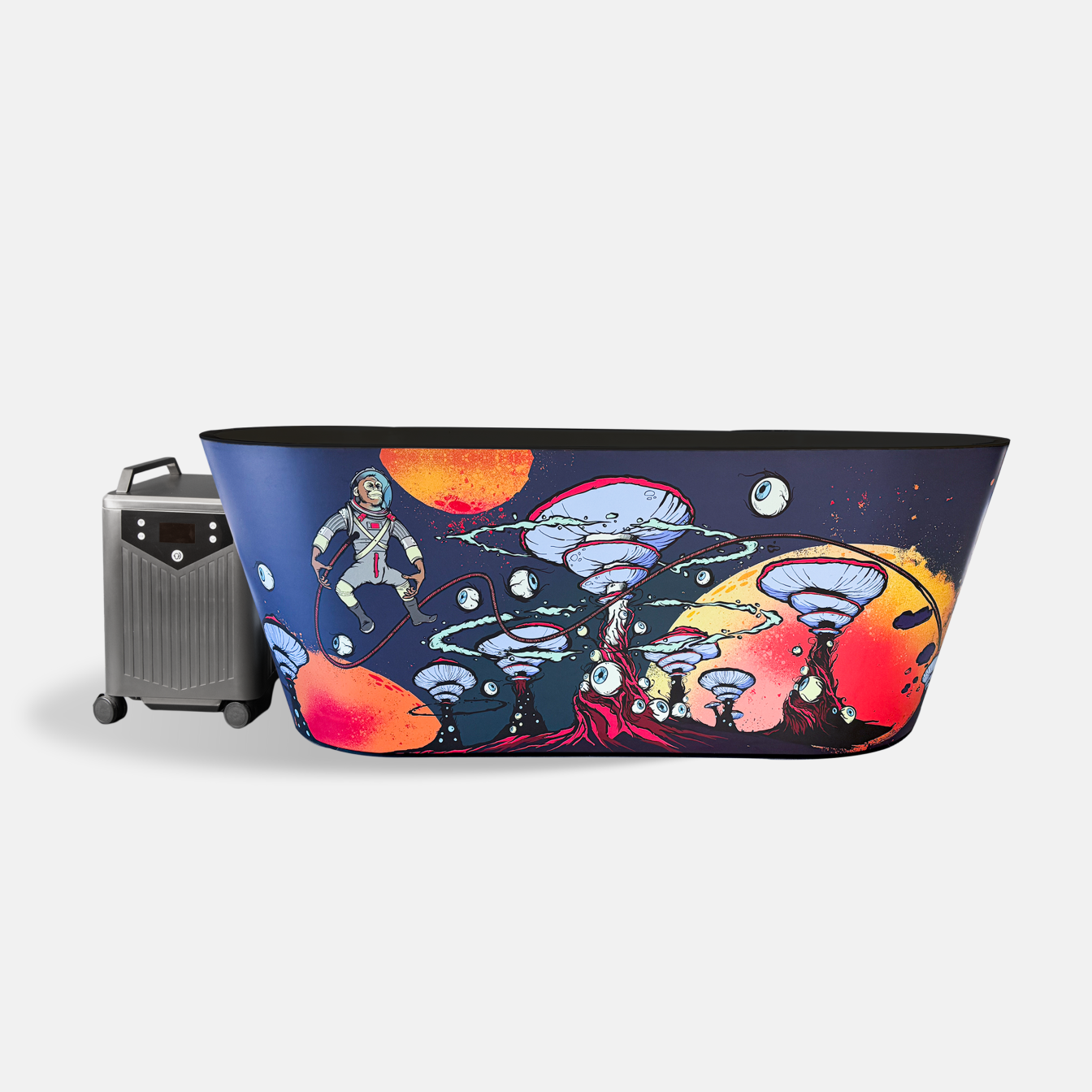 The Brainpod 2.0 Cold Plunge is an artist-designed portable tub with a colorful outer shell depicting an astronaut among giant mushrooms and planets, featuring an ergonomic design and a gray wheeled control unit.