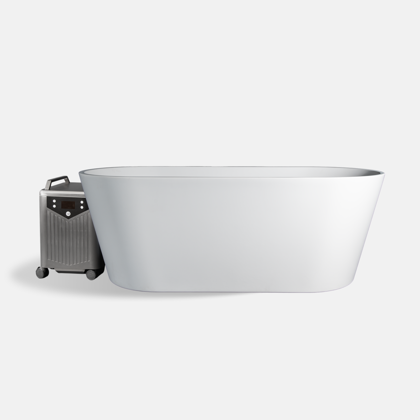 The Brainpod 2.0 Cold Plunge is a modern white acrylic freestanding bathtub, shown with a portable metallic device on wheels beside it against a plain light gray background.