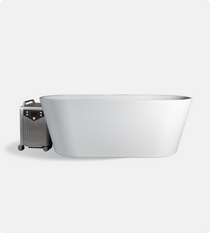 The Brainpod 2.0 Cold Plunge is a modern white acrylic freestanding bathtub, shown with a portable metallic device on wheels beside it against a plain light gray background.