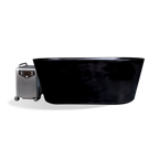 Black oval insulated acrylic Brainpod 2.0 Cold Plunge tub next to a small metallic chilling unit on wheels.