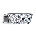 The Brainpod 2.0 Cold Plunge is a portable, insulated acrylic tub decorated with a black and white banana pattern, connected to a grey cooling unit.