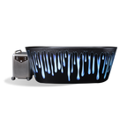 The Brainpod 2.0 Cold Plunge, a black oval tub with a glowing blue drip pattern on the side, connected to a grey chiller unit on wheels for complete immersion.