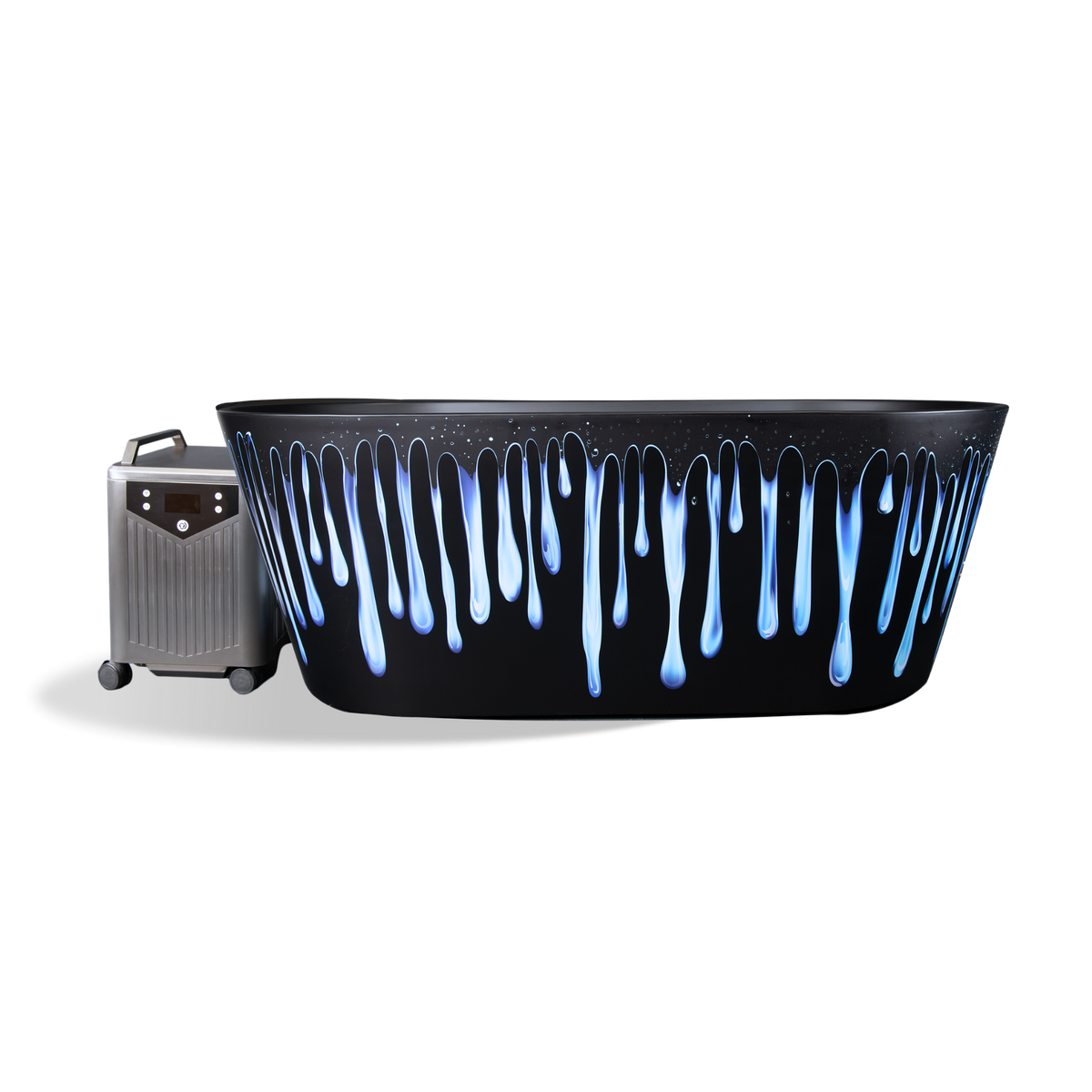 The Brainpod 2.0 Cold Plunge, a black oval tub with a glowing blue drip pattern on the side, connected to a grey chiller unit on wheels for complete immersion.