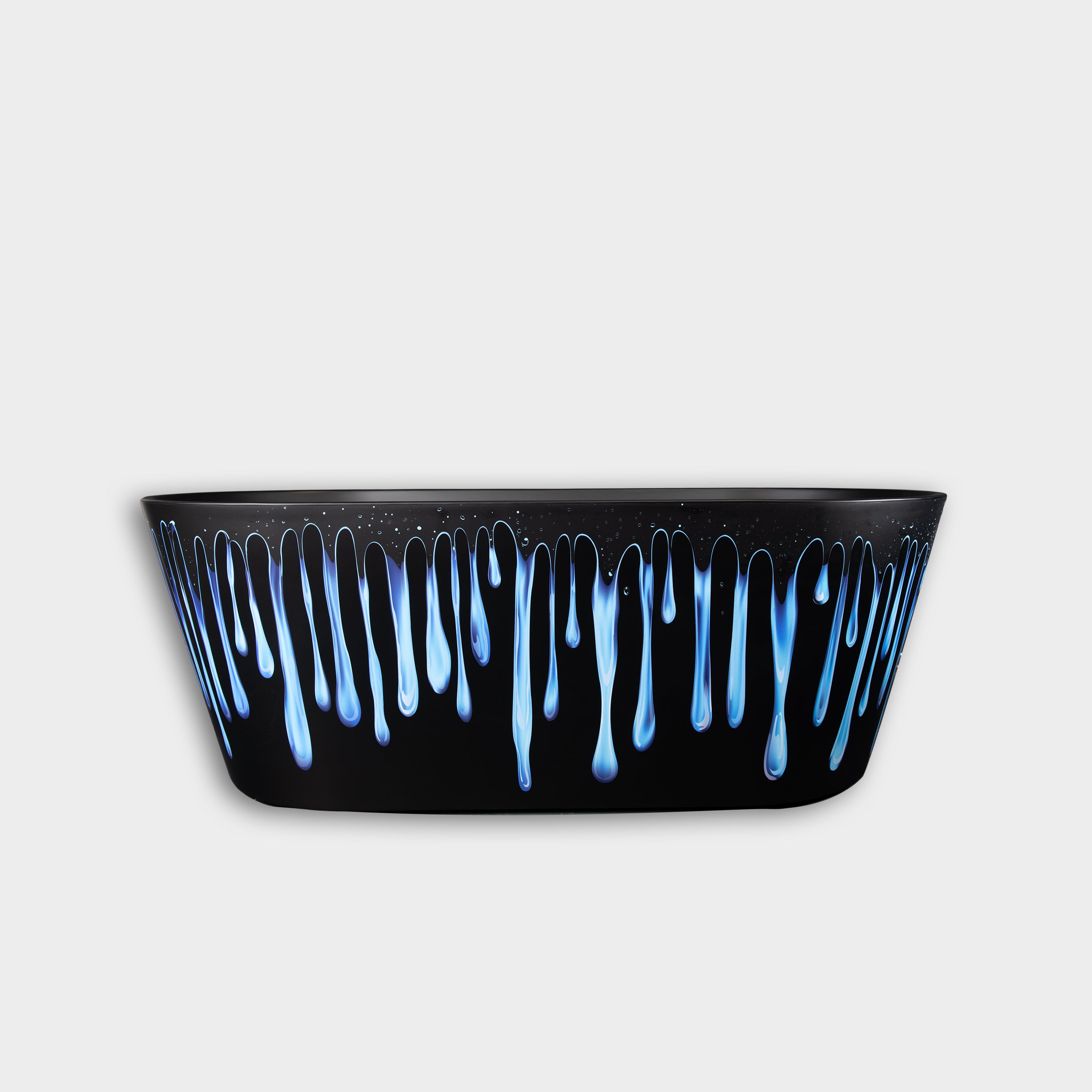 The Brainpod 2.0 Commercial Cold Plunge is a sleek black bowl featuring glossy blue and white vertical drip patterns, evoking the refreshing look of cold waves, displayed on a plain light gray background.