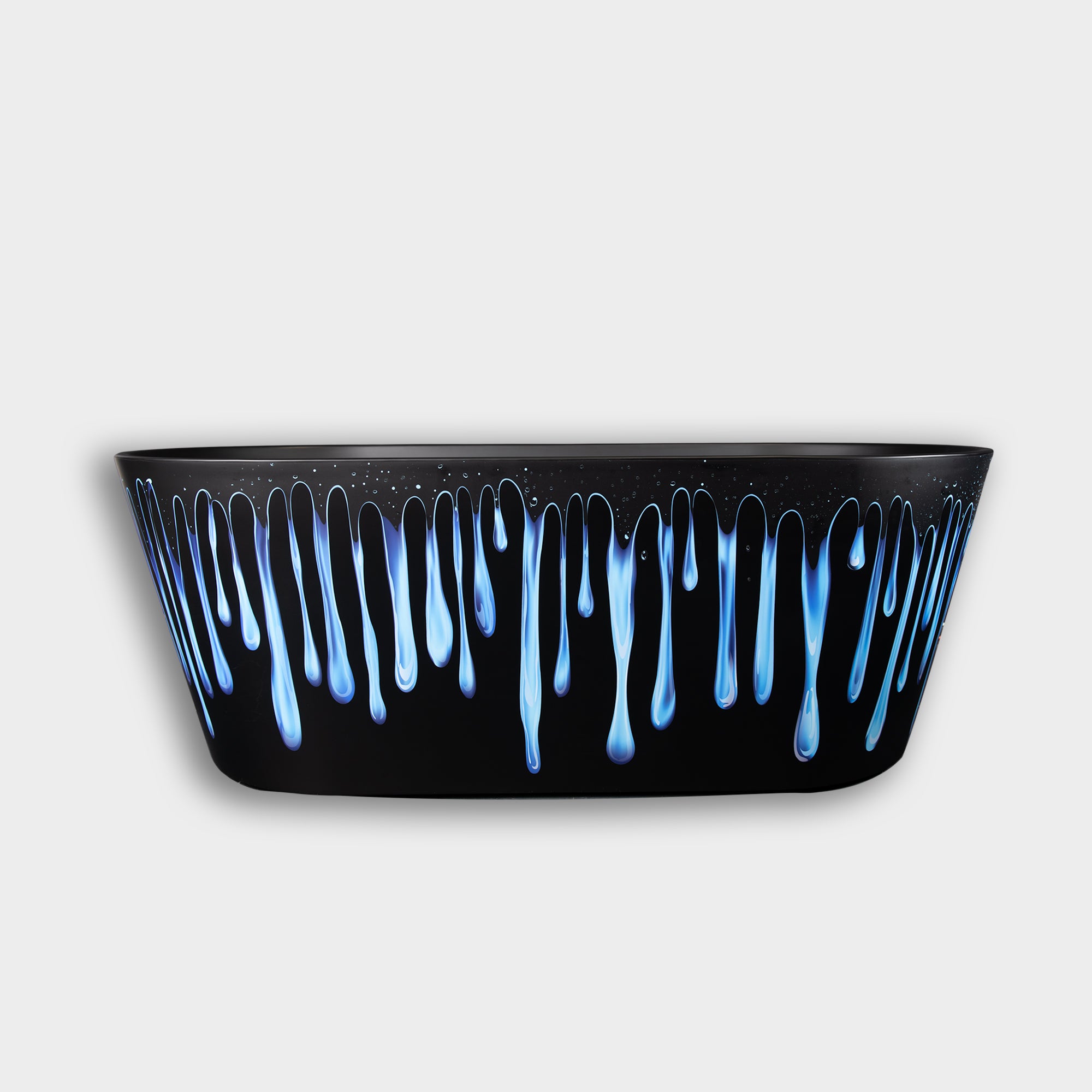 The Brainpod 2.0 Commercial Cold Plunge features black acrylic with striking blue and white paint drips, creating a vibrant, artistic look against a light background—ideal for an immersive cold plunge experience.