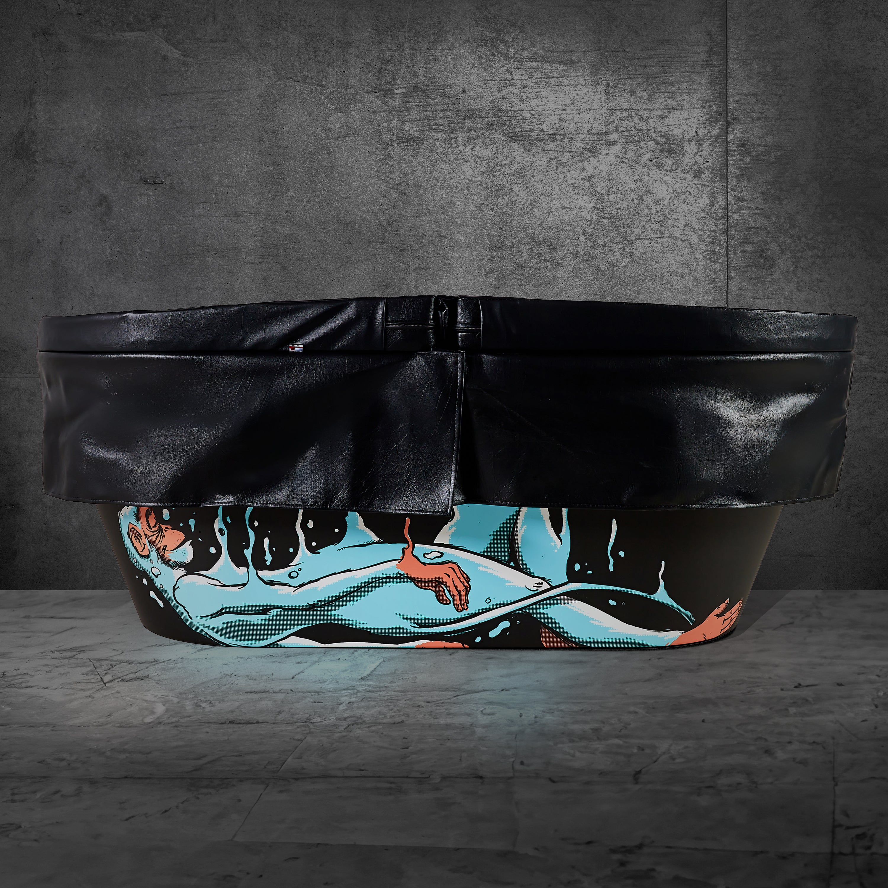 The Insulated Cold Plunge Cover is a large black tub with marine-grade synthetic leather and a painted figure floating in water, shown against a gray textured wall and stone floor.