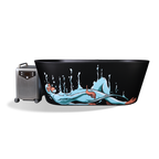 Brainpod 2.0 Cold Plunge, a black oval insulated acrylic tub with a reclining blue monkey graphic and an attached portable silver chiller unit.