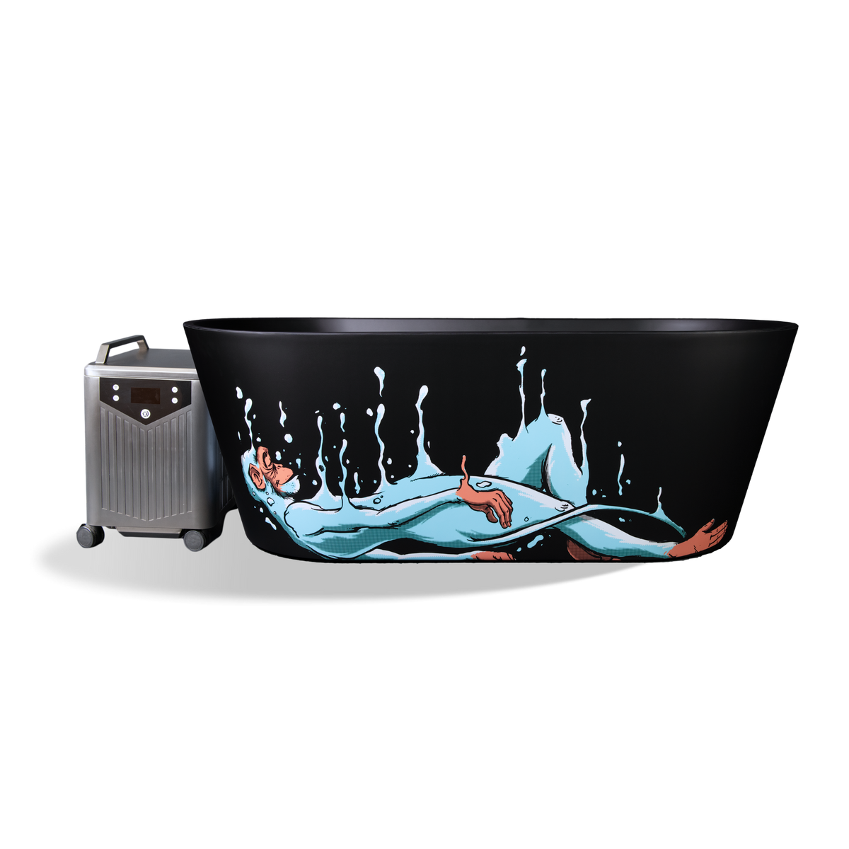 Brainpod 2.0 Cold Plunge, a black oval insulated acrylic tub with a reclining blue monkey graphic and an attached portable silver chiller unit.