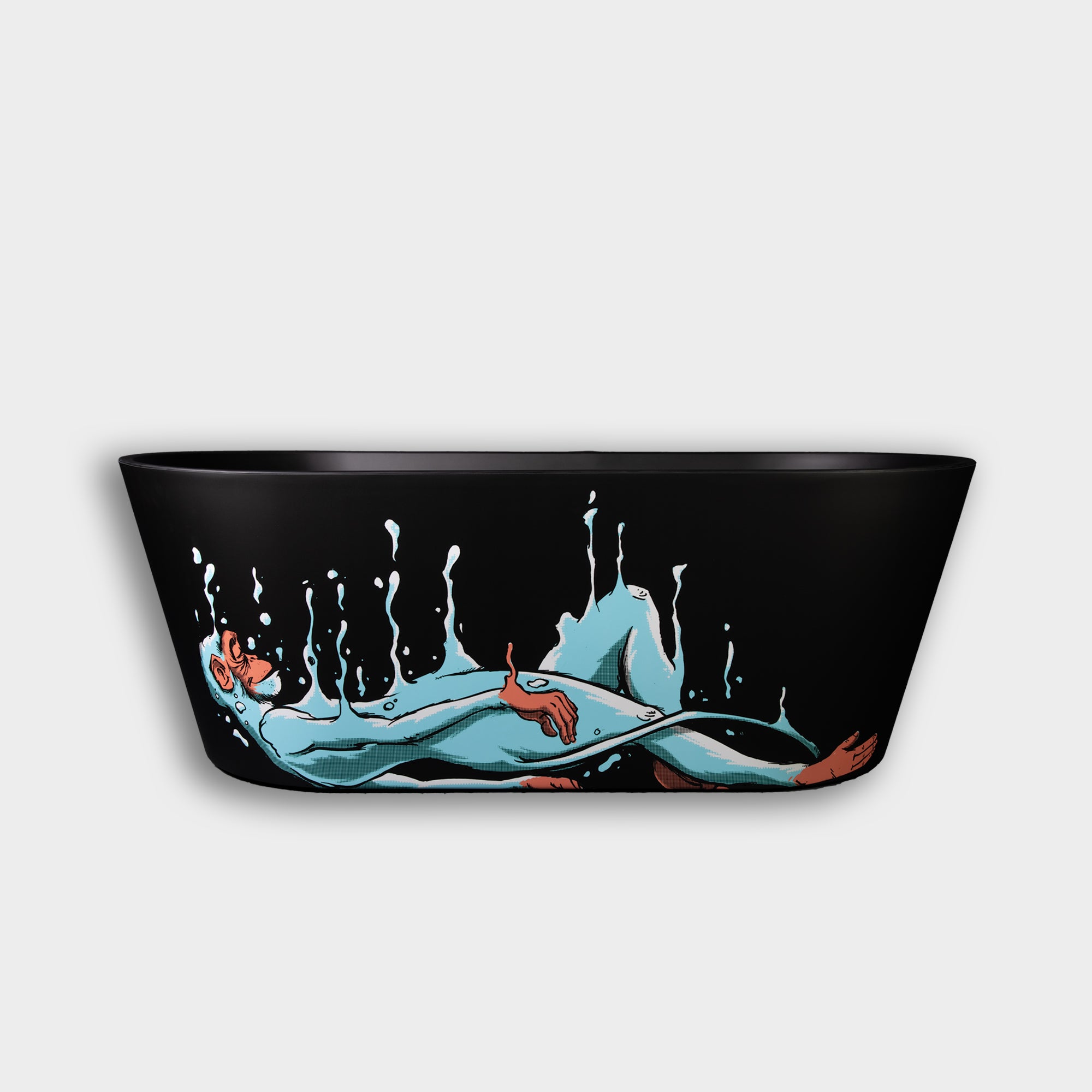 The Brainpod 2.0 Commercial Cold Plunge is a black acrylic bowl featuring a blue-toned person reclining and partially submerged in stylized water splashes, presented against a plain white background.