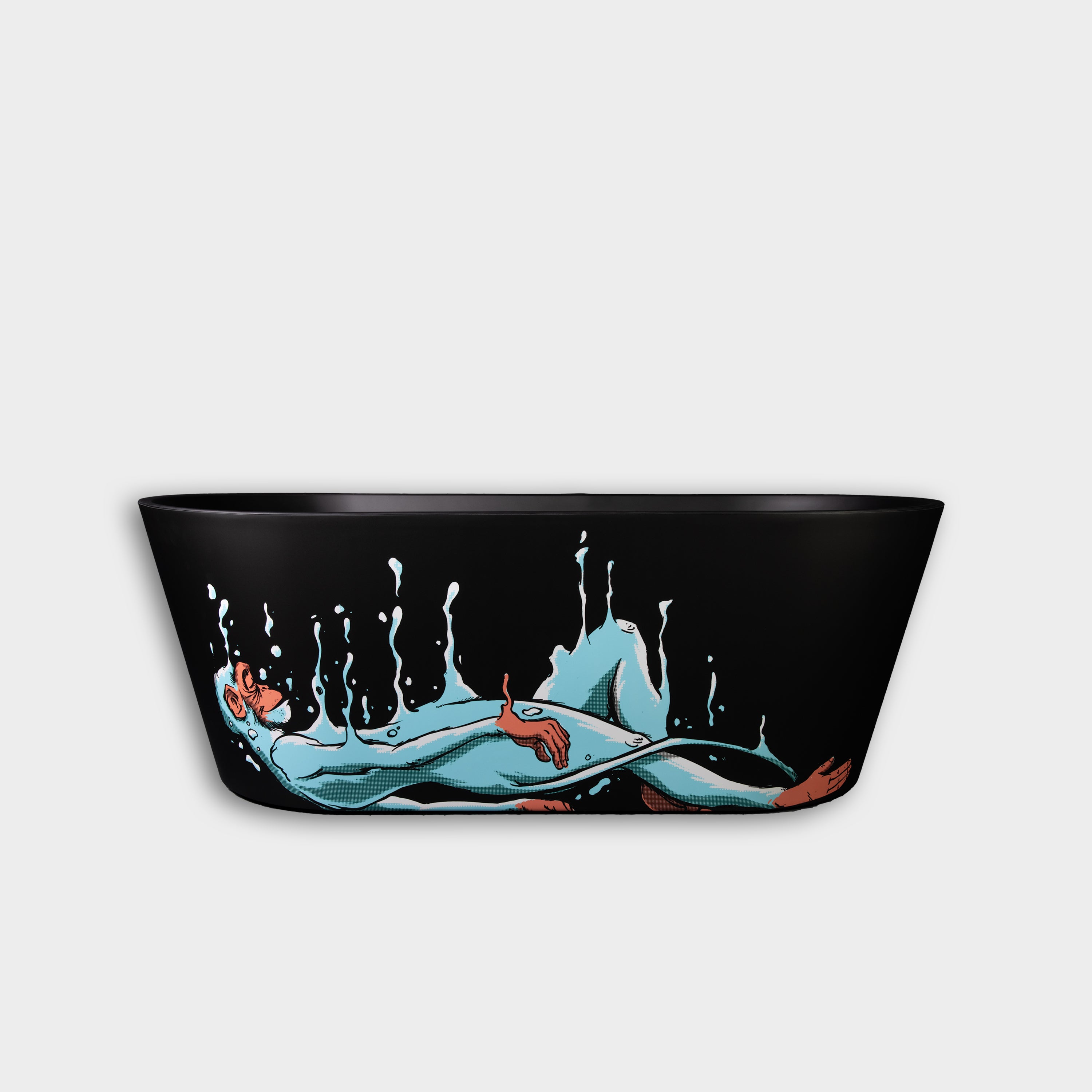 The Brainpod 2.0 Commercial Cold Plunge is a black bathtub with an illustration of a partially submerged person and water splashes painted on its side.