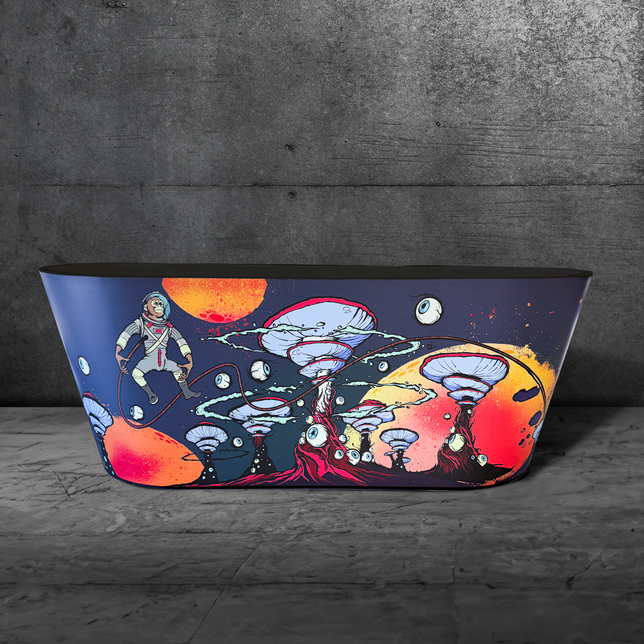 The Brainpod 2.0 Commercial bathtub showcases astronauts, floating jellyfish-like forms, orange-red planets, and abstract shapes on a dark concrete backdrop—offering ergonomic comfort ideal for cold plunge sessions.