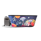 Brainpod 2.0 Cold Plunge portable full-body tub featuring a colorful outer graphic of an astronaut in space with large mushrooms and eyeballs, connected to a side chiller unit.