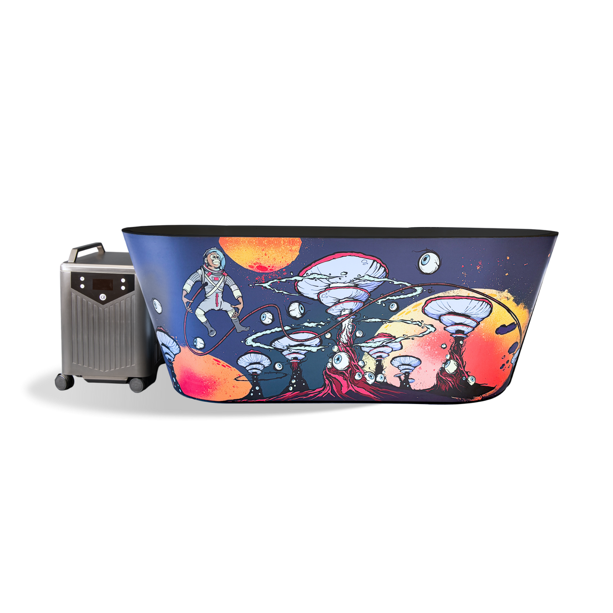 Brainpod 2.0 Cold Plunge portable full-body tub featuring a colorful outer graphic of an astronaut in space with large mushrooms and eyeballs, connected to a side chiller unit.