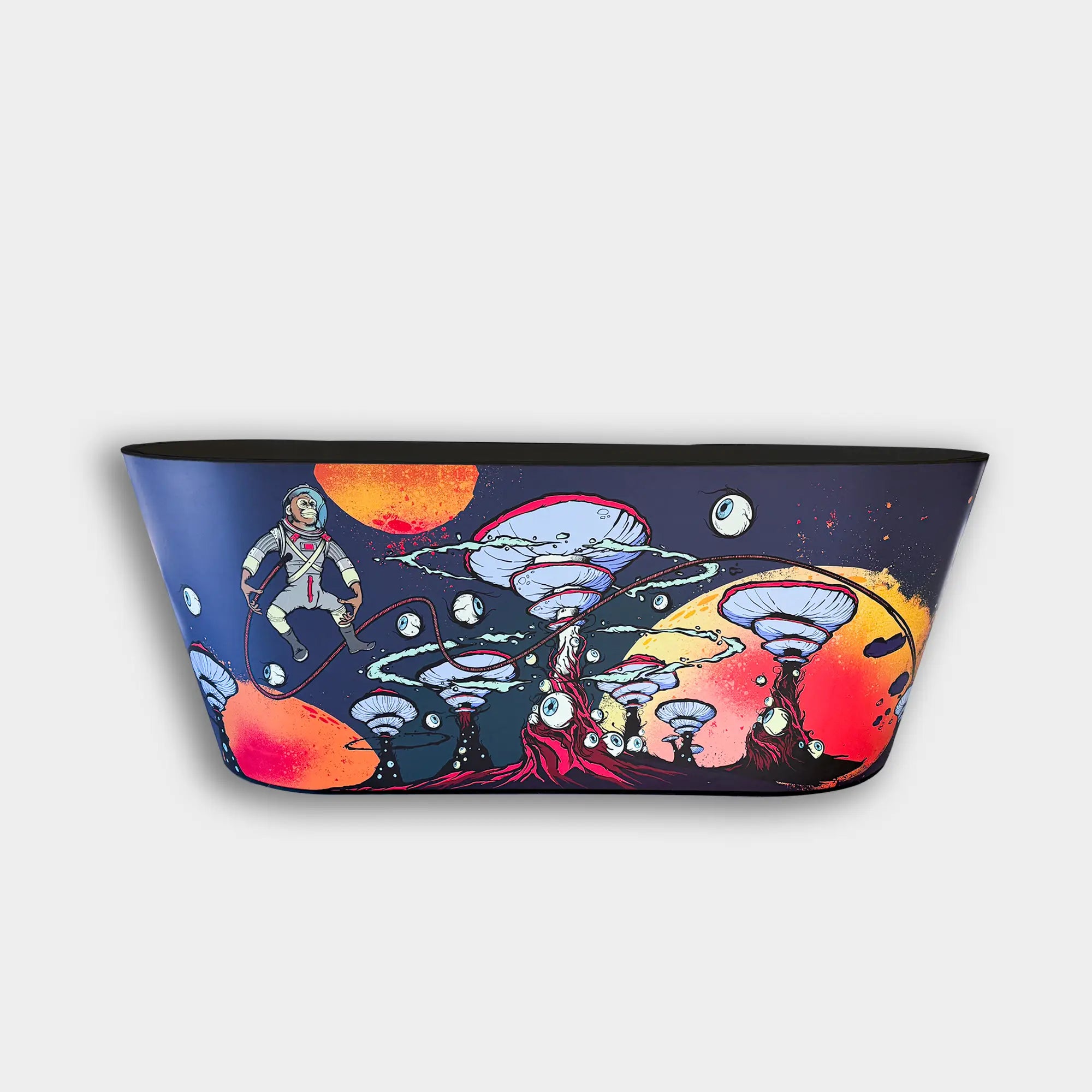 A decorative bowl showcasing a vibrant space scene with an astronaut, alien mushroom-like plants, and colorful planets—ideal for display next to your Brainpod 2.0 Commercial Cold Plunge.