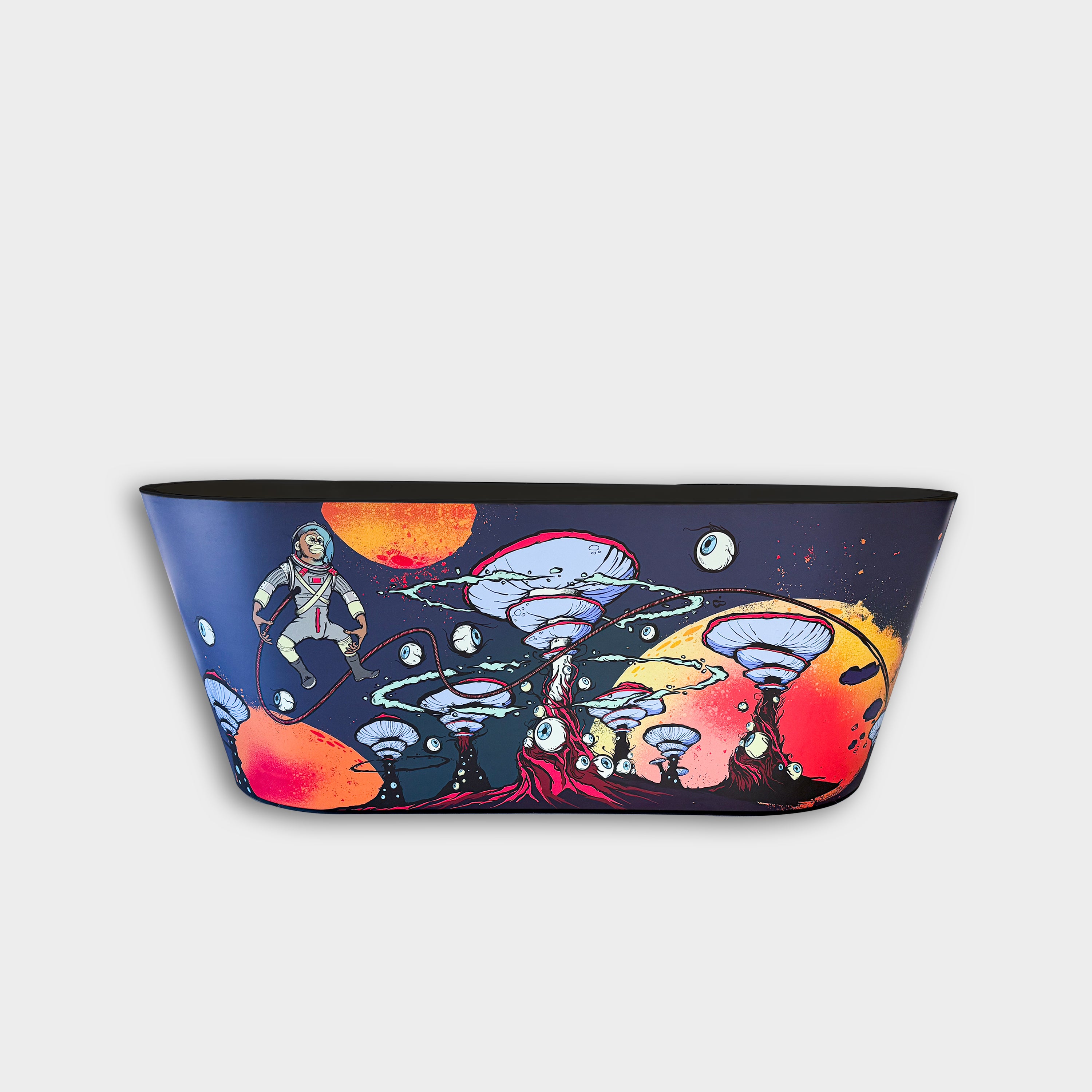 The Brainpod 2.0 Commercial Cold Plunge features an astronaut floating above glowing, eyeball mushrooms in space and includes a 1.0 HP cooling system for powerful commercial-grade filtration.