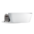 Brainpod 2.0 Cold Plunge white oval insulated acrylic tub next to a gray portable cooling unit on wheels.