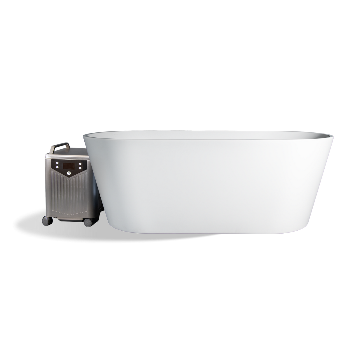 Brainpod 2.0 Cold Plunge white oval insulated acrylic tub next to a gray portable cooling unit on wheels.