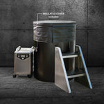 The Cyber Barrel is a large vertical cold plunge ice bath made from marine-grade stainless steel, featuring an insulated cover, metal entry steps, and a mobile control unit, all set in front of a dark concrete wall. The text highlights the included insulated cover.