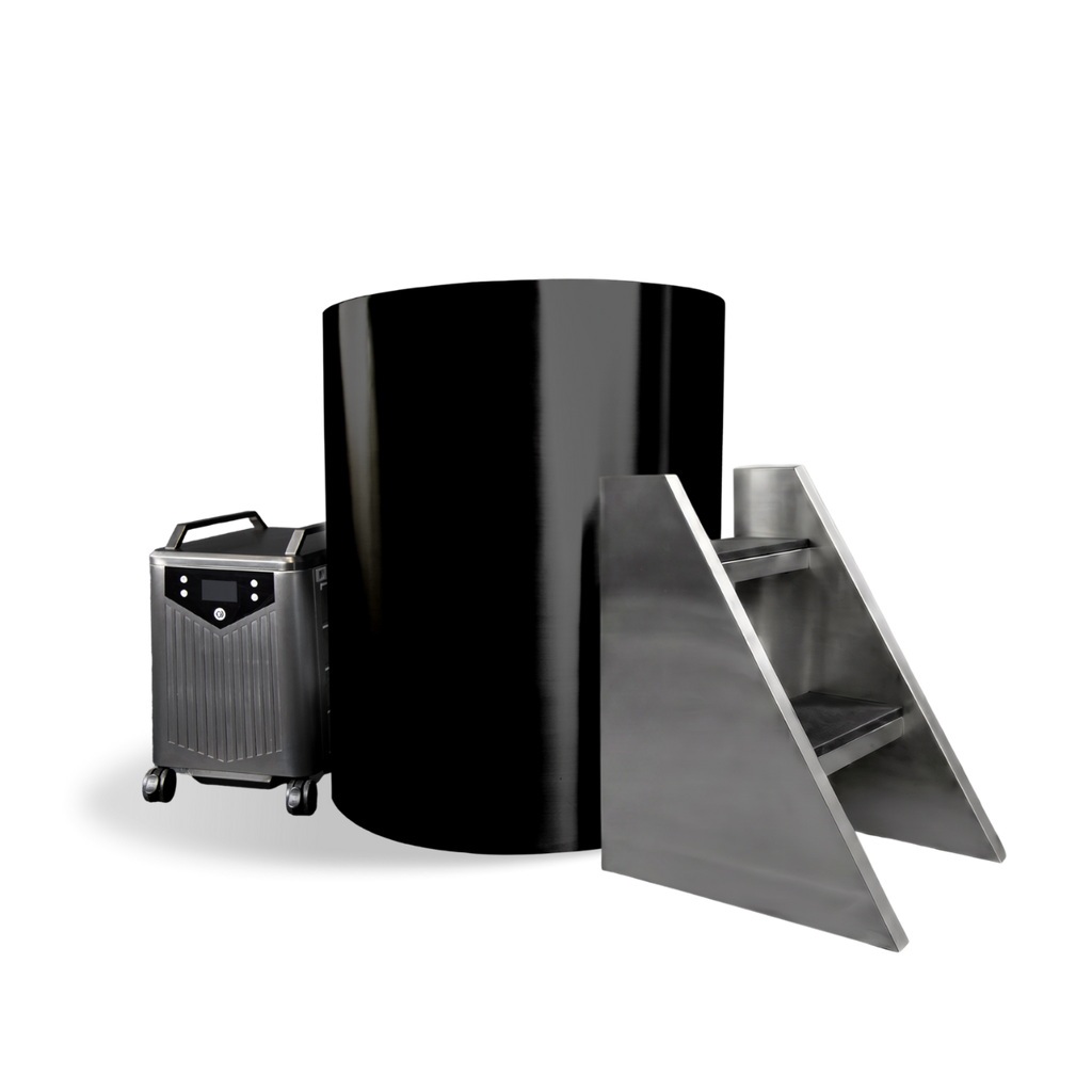 The Barrel is a black cylindrical barrel tub featuring a portable chiller unit on wheels and a small set of metal steps, designed for a small space.