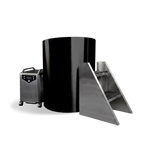 The Barrel is a black cylindrical barrel tub featuring a portable chiller unit on wheels and a small set of metal steps, designed for a small space.