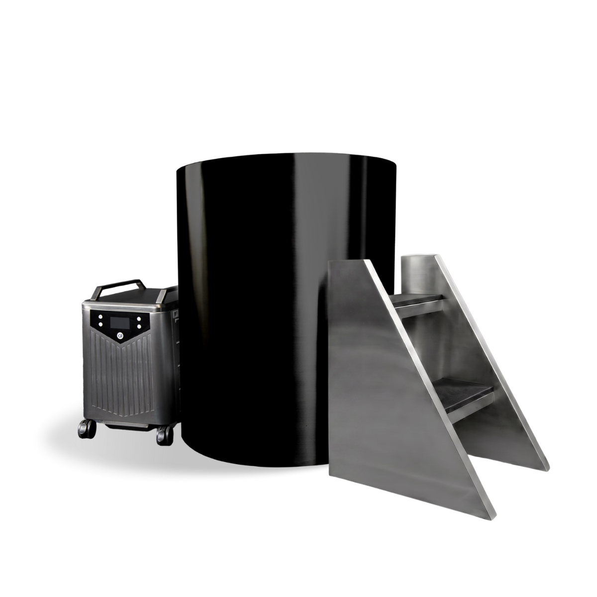 The Barrel is a black cylindrical barrel tub featuring a portable chiller unit on wheels and a small set of metal steps, designed for a small space.