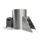 The Barrel marine-grade stainless steel tub with a portable cooling unit and matching metal stairs.