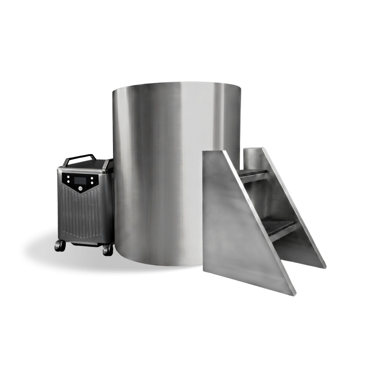 The Barrel marine-grade stainless steel tub with a portable cooling unit and matching metal stairs.