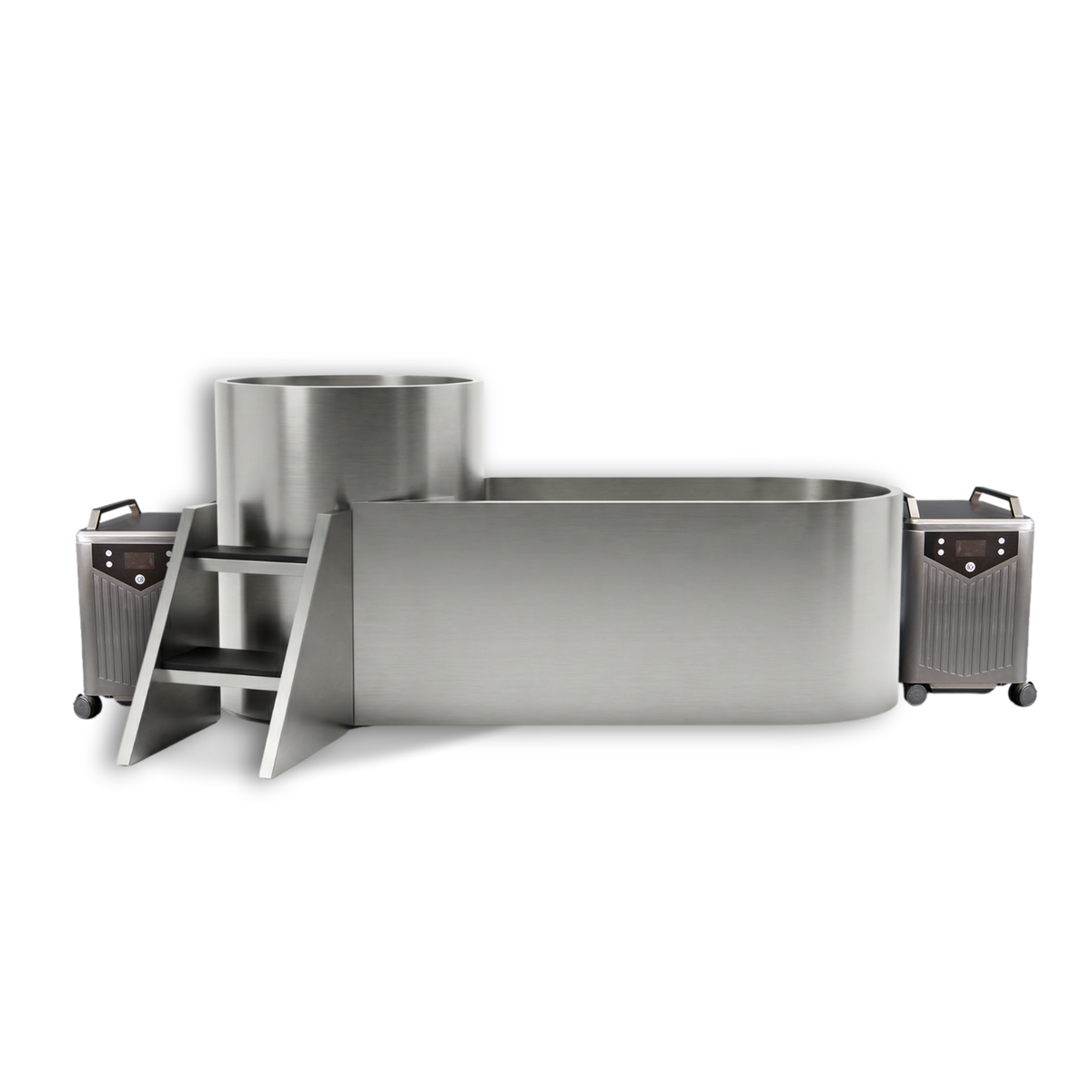The Contrast Edition, a dual-chamber cold plunge tub made of marine-grade stainless steel with integrated stairs, flanked by two portable cooling units for independent temperature control.