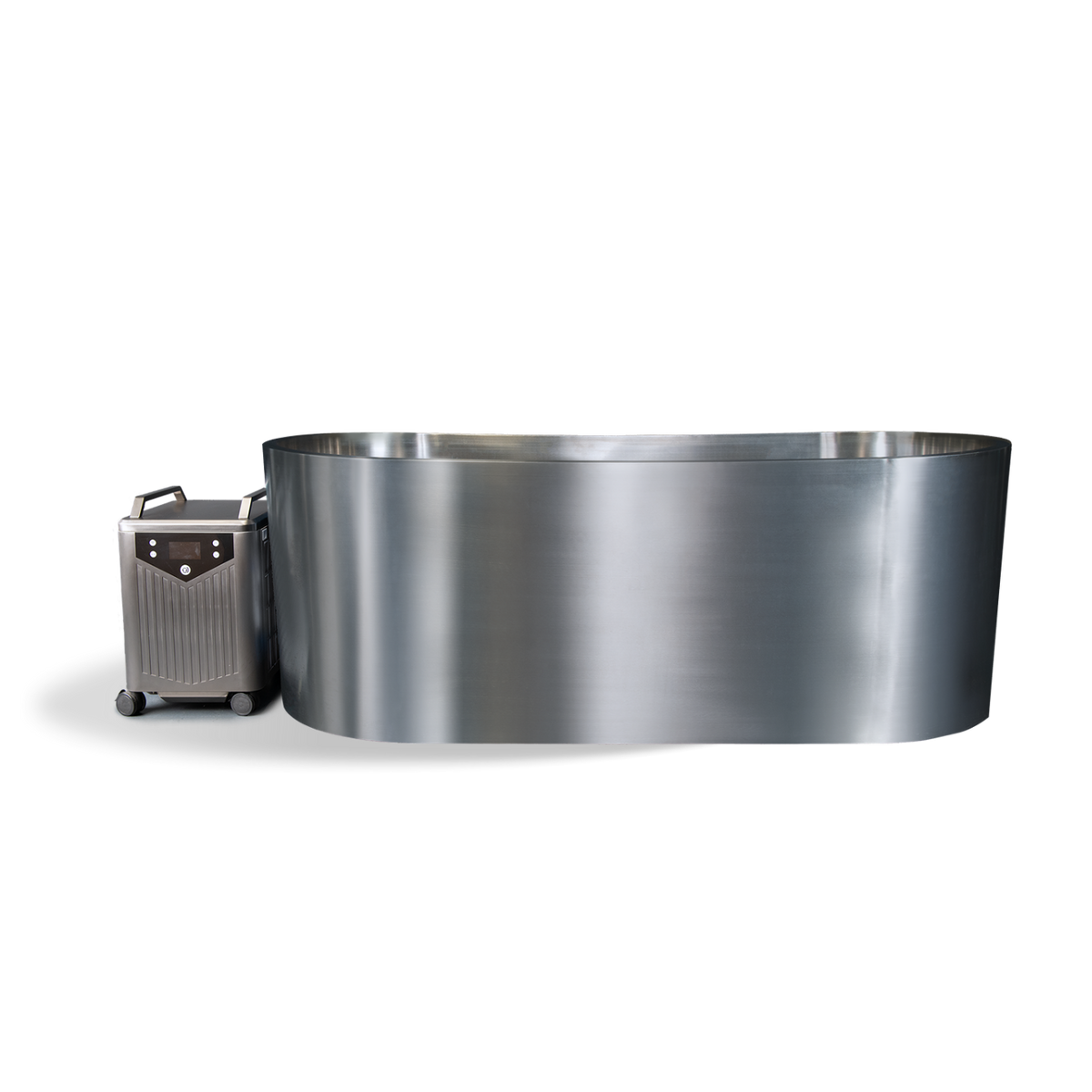 Cyber Plunge Cold Plunge, an oval stainless steel tub paired with a portable water chiller unit on wheels for recovery.