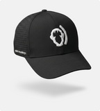 A black Polar Monkeys Cap with a white abstract front logo, breathable perforated side panels, and "rohr monkeys" text on the left, shown floating against a plain white background.