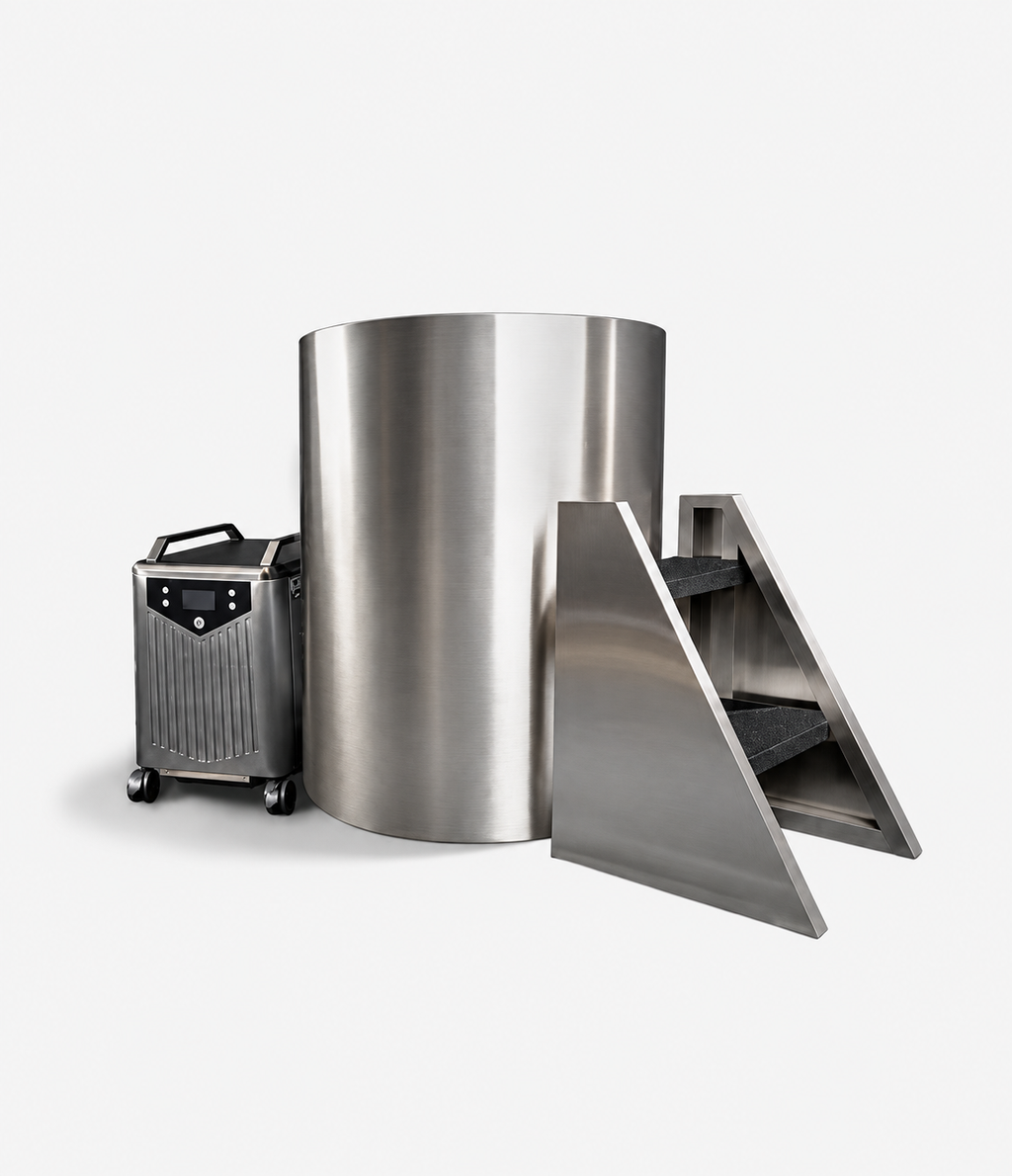 A large marine-grade stainless steel cylinder named The Barrel, accompanied by a matching set of metal stairs and a wheeled control box, all arranged on a white background.