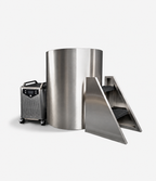 A large marine-grade stainless steel cylinder named The Barrel, accompanied by a matching set of metal stairs and a wheeled control box, all arranged on a white background.