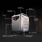 The ChillX Chiller, a metallic portable unit on wheels, features plug-and-play setup, smartphone connectivity, indoor/outdoor use, ice-making, filtration, high mobility, and rapid cooling for the ultimate cold plunge experience.