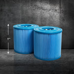 Two blue Filter Replacement for Commercial Systems - 2 Pack pool filters are displayed on a gray textured surface. A label marks one as 7 inches tall, showing theyre compatible with commercial cold plunge filter systems.