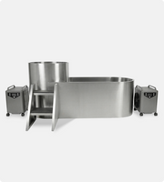 The Contrast Edition is a stainless steel ice bath tub with two steps and two portable chiller units on wheels, ideal for recovery or contrast therapy, shown against a plain white background.