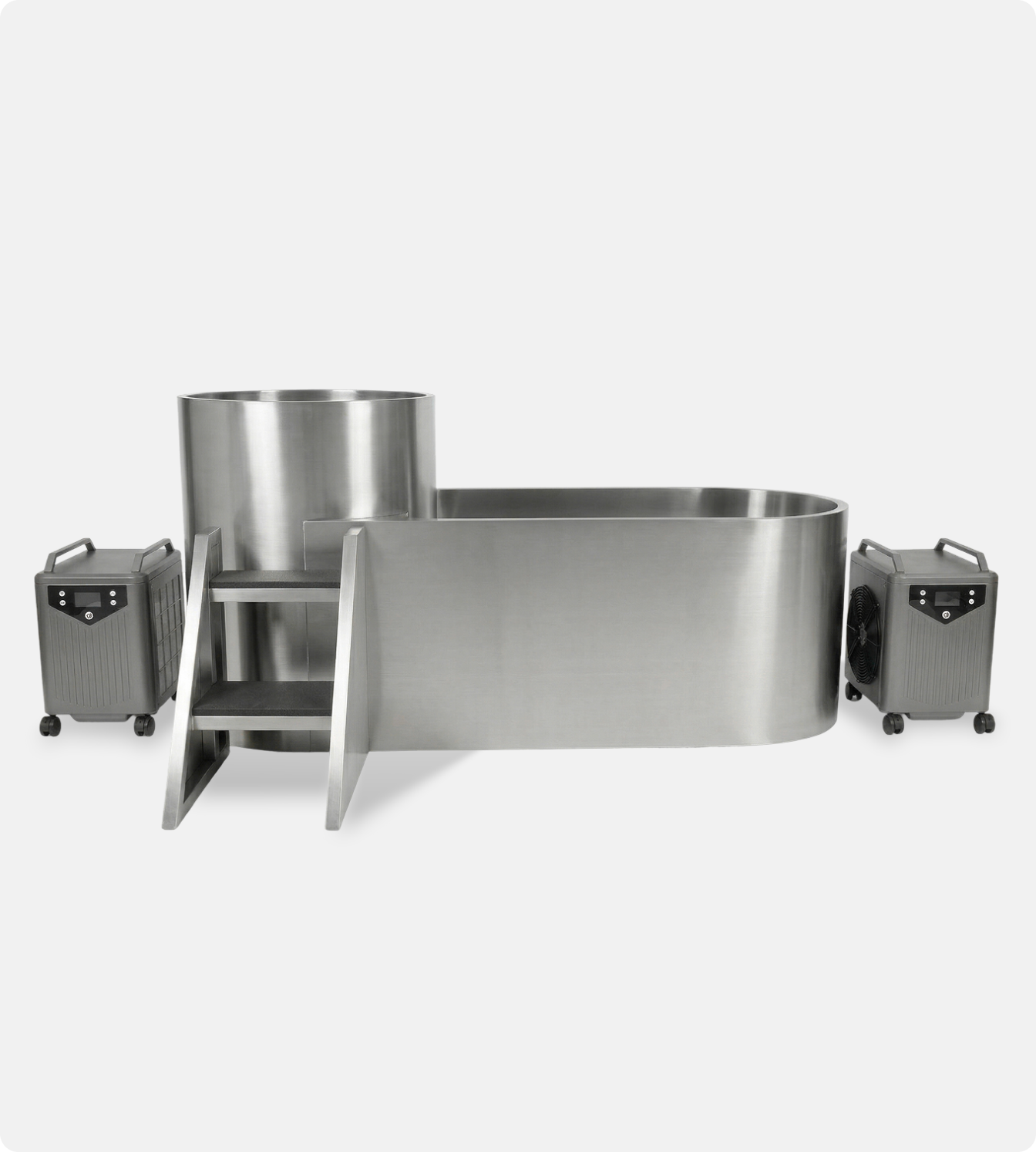 The Contrast Edition is a stainless steel ice bath tub with two steps and two portable chiller units on wheels, ideal for recovery or contrast therapy, shown against a plain white background.