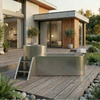 The Contrast Edition features sleek metal tubs for hot and cold therapy, set on a wooden deck with a small ladder, surrounded by greenery and rocks beside a modern house with large windows.