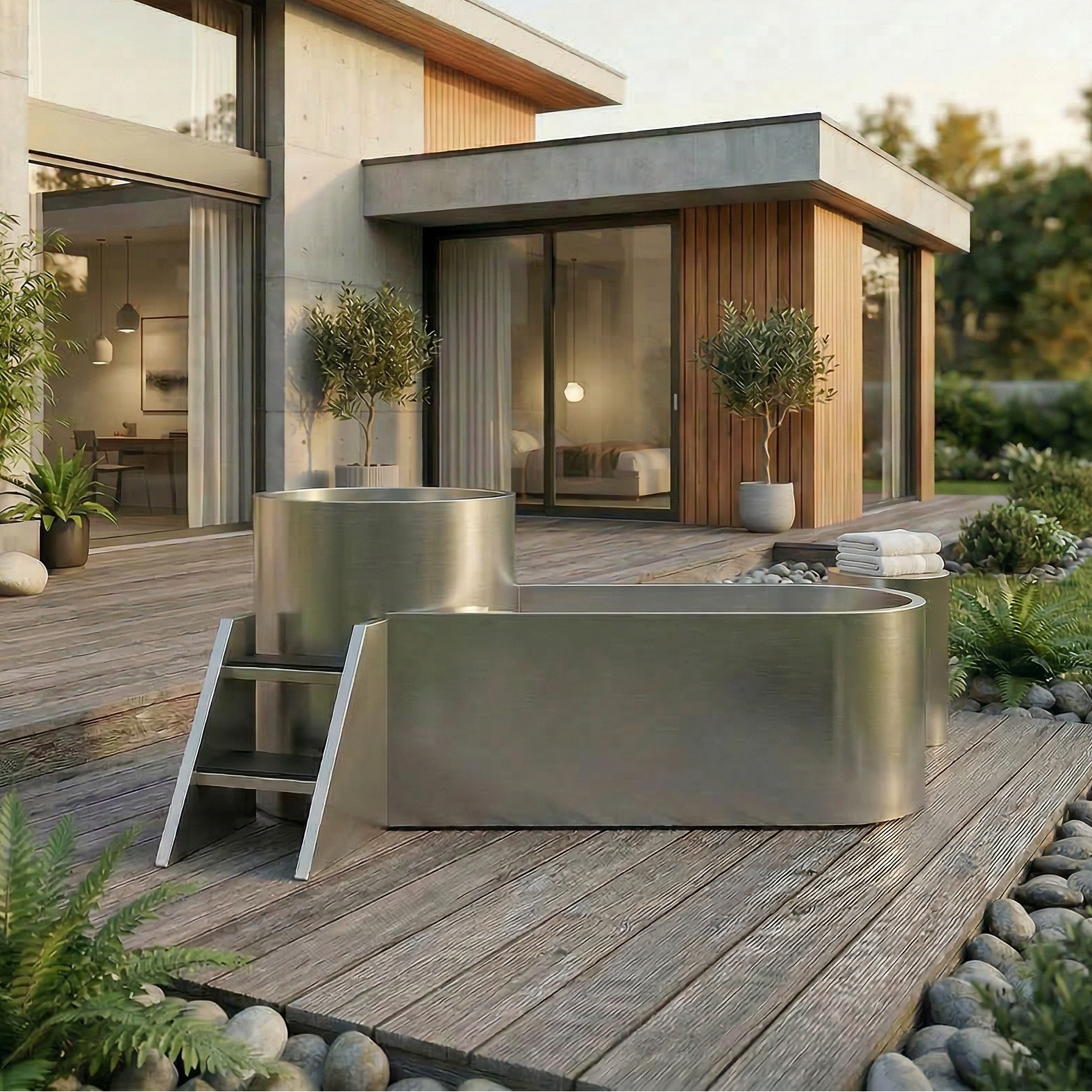 The Contrast Edition features sleek metal tubs for hot and cold therapy, set on a wooden deck with a small ladder, surrounded by greenery and rocks beside a modern house with large windows.
