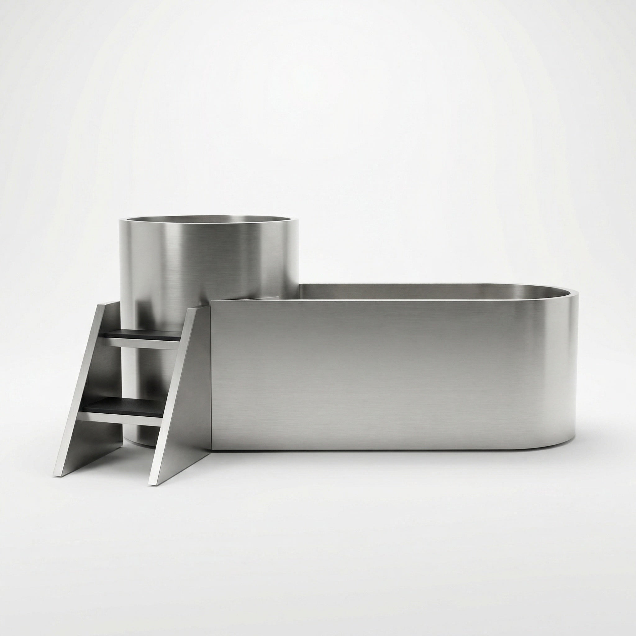The Contrast Edition is a modern stainless steel bathtub with a cylindrical section and built-in steps, designed for hot and cold therapy, shown against a plain white background.