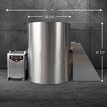 The Cyber Barrel is a large cylindrical cold plunge chamber made of marine-grade stainless steel, featuring a left-side control unit and a right-side slanted metal ramp. Dimensions: 71 wide, 33.5 deep, 41.5 tall; set against a gray concrete wall and floor.