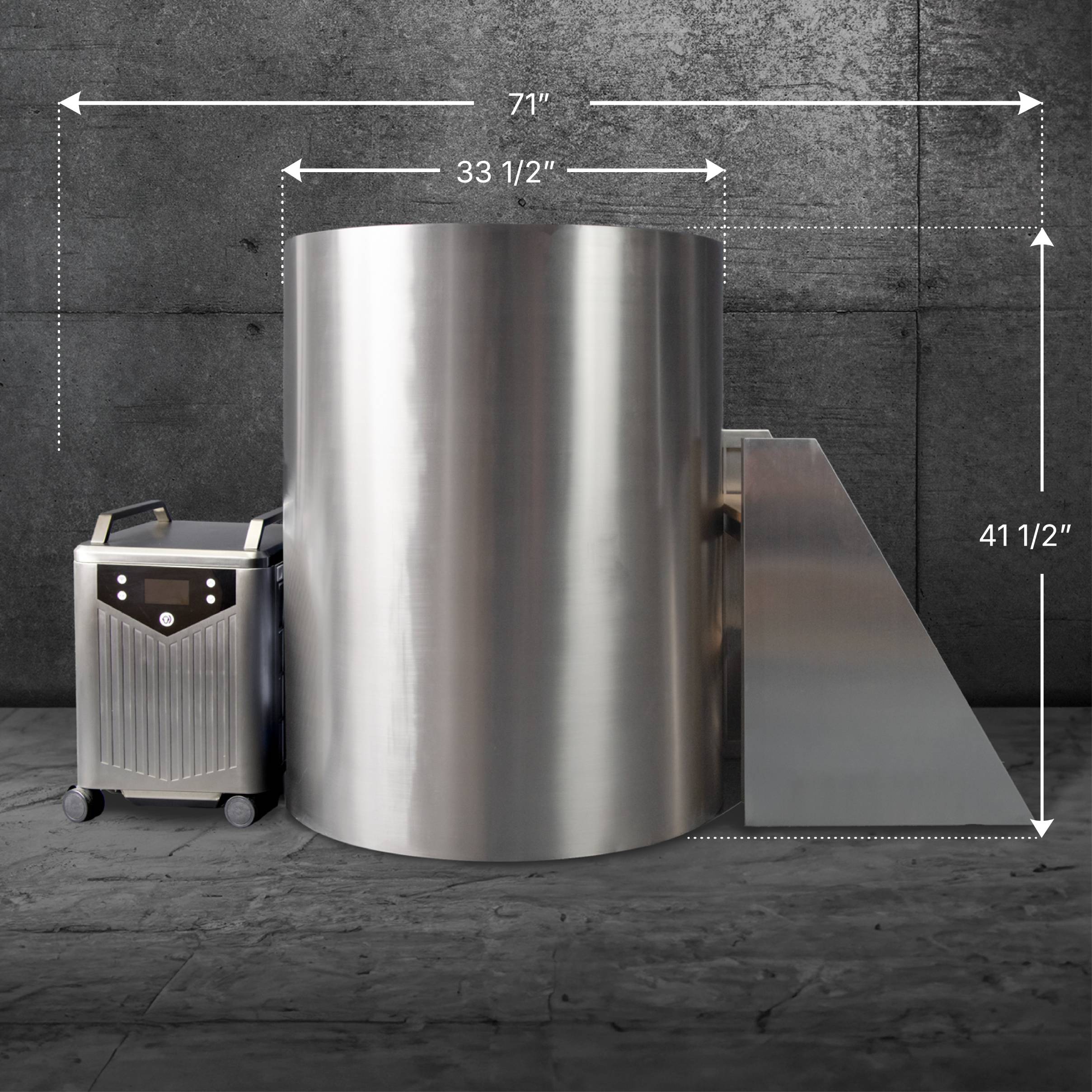 The Cyber Barrel is a large cylindrical cold plunge chamber made of marine-grade stainless steel, featuring a left-side control unit and a right-side slanted metal ramp. Dimensions: 71 wide, 33.5 deep, 41.5 tall; set against a gray concrete wall and floor.
