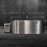 The Cyber Plunge is a large, oval tub made from marine-grade stainless steel with a mobile control unit. White arrows and numbers show its ultra-spacious interior: 82 long, 67 wide, and 24 high against a dark, industrial background.