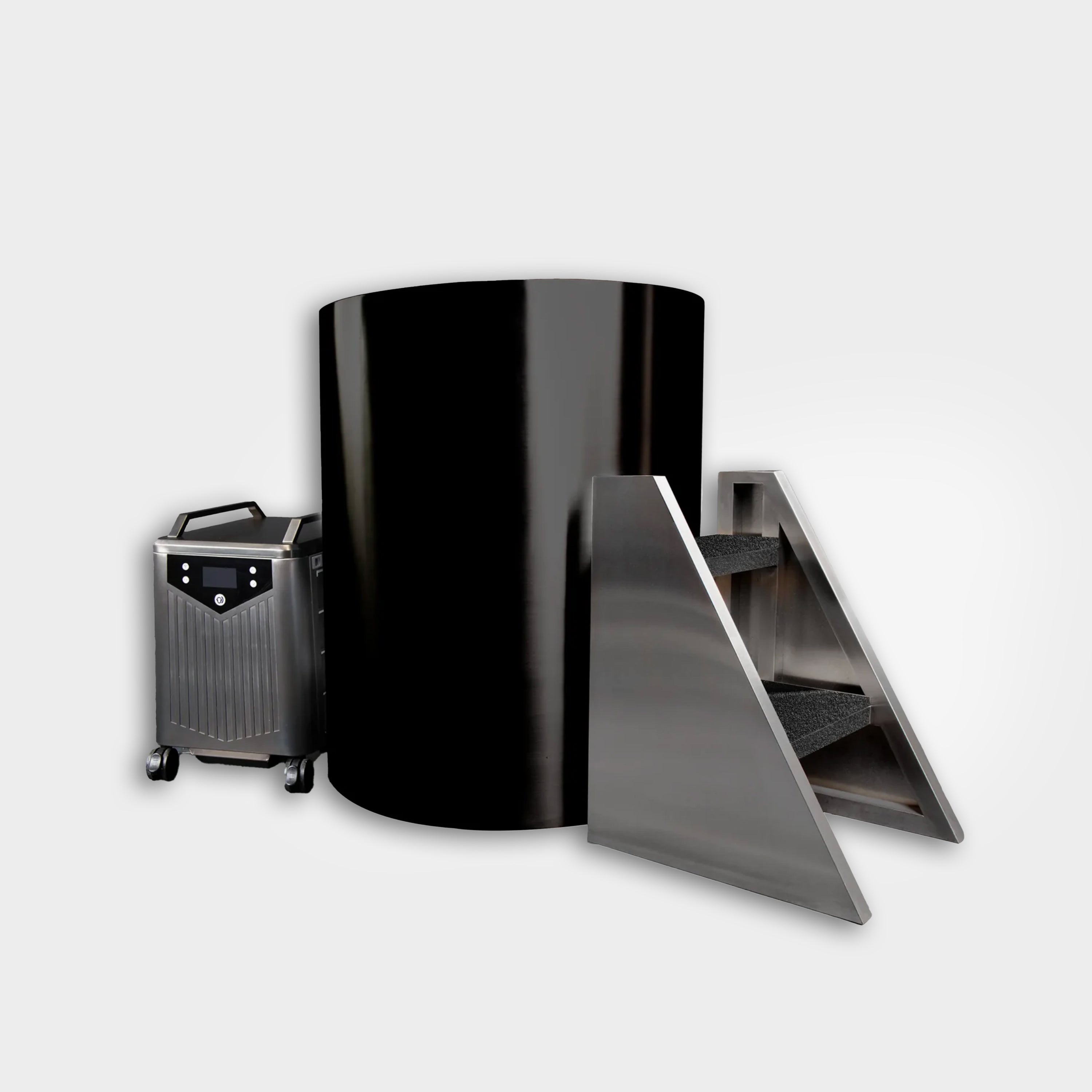 The Cyber Barrel Cold Plunge, a large black vertical cylindrical tank, stands beside a metal control box with a handle and control panel and metal stairs with black steps, all set against a plain white background.