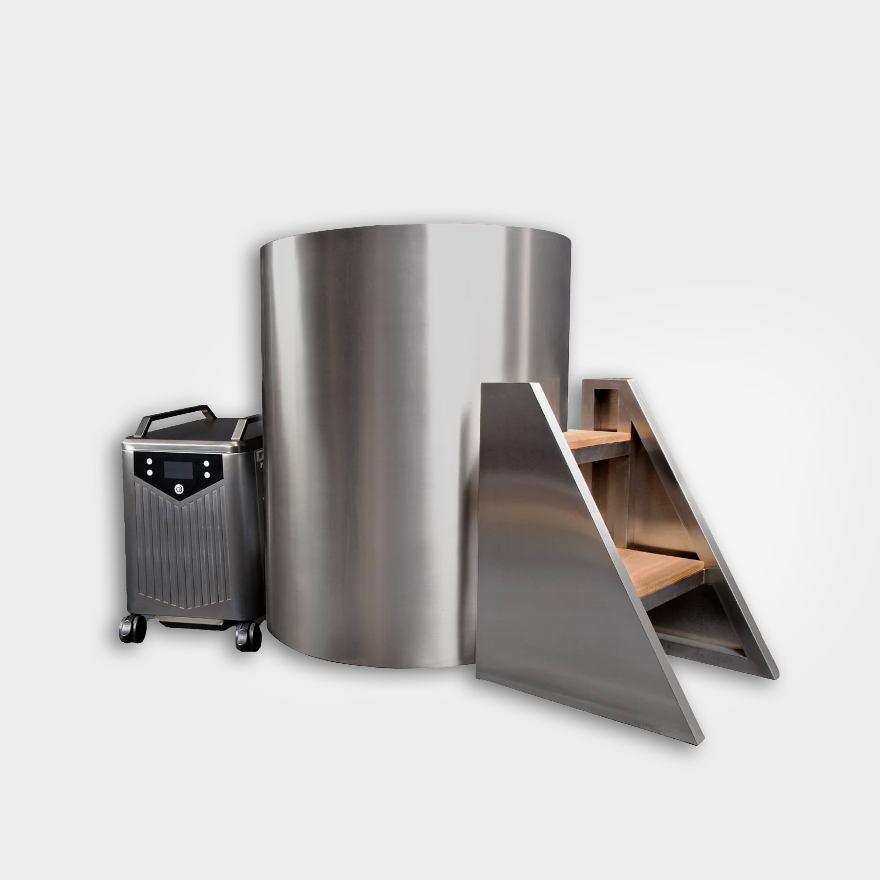 The Cyber Barrel Cold Plunge is a large, cylindrical marine-grade stainless steel chamber with wooden steps and a portable electronic control unit on wheels, designed as a vertical cold plunge, shown against a plain white background.