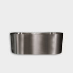 The Cyber Plunge Commercial Cold Plunge is a large, oval stainless steel tub made from 316 marine-grade material with smooth, reflective surfaces, showcased against a plain white background.