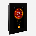 A digital display panel on the WiFi-controlled Baia Glass Sauna shows a temperature of 78°C, time 19:18, fan and light icons, and a message “Ready in: 12 min” above an orange power button. The panel features a sleek black frame.