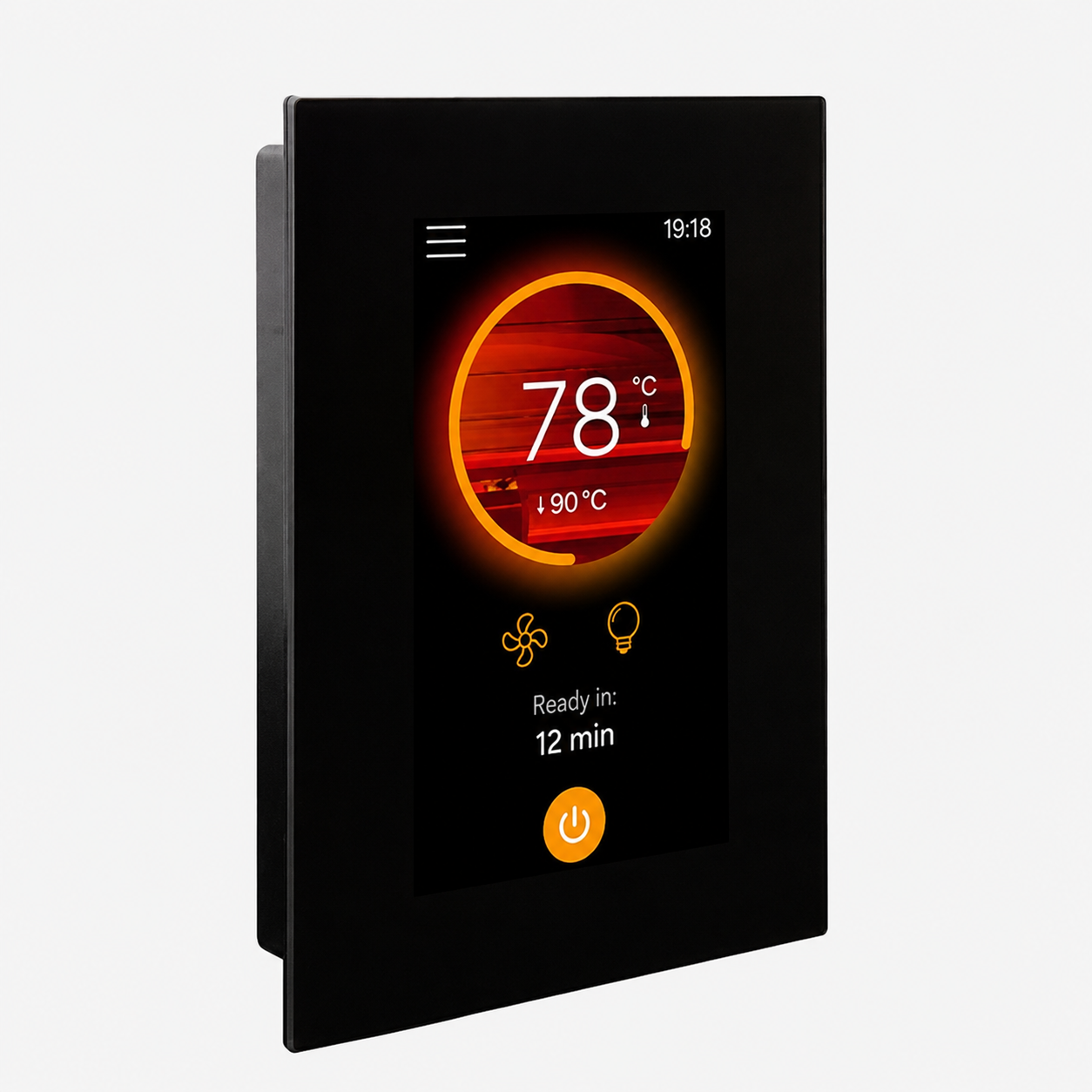 A digital display panel on the WiFi-controlled Baia Glass Sauna shows a temperature of 78°C, time 19:18, fan and light icons, and a message “Ready in: 12 min” above an orange power button. The panel features a sleek black frame.