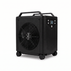 The ONE by Polar Monkeys is a black portable industrial fan featuring a front-facing large circular vent, digital display reading 32.2, and wheels for effortless mobility—making it the ideal cooling chiller for diverse spaces, showcased here against a plain white background.