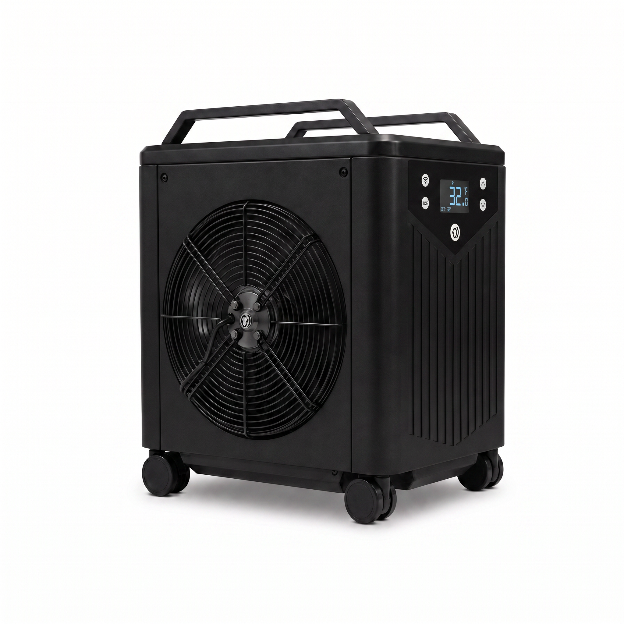 The ONE by Polar Monkeys is a black portable industrial fan featuring a front-facing large circular vent, digital display reading 32.2, and wheels for effortless mobility—making it the ideal cooling chiller for diverse spaces, showcased here against a plain white background.